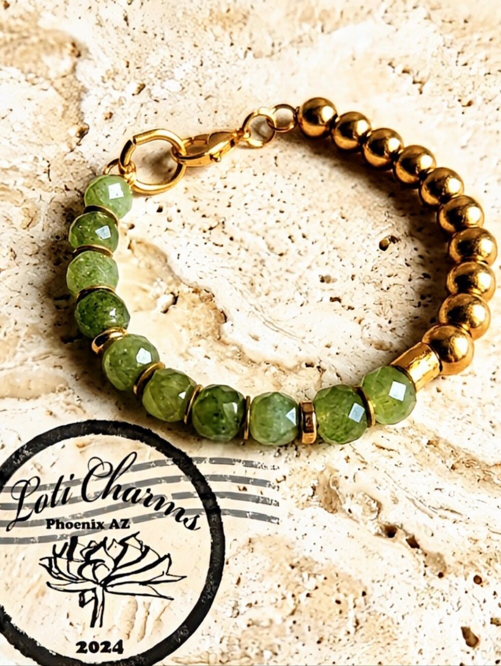 Natural Green Jade And Gold Beads In Half And Half Design Bracelet